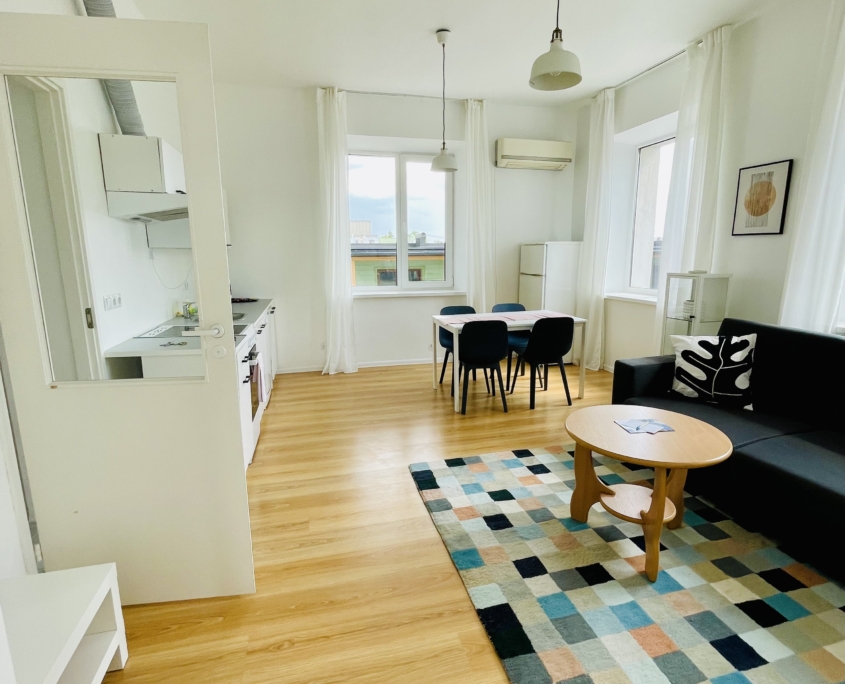 Valge maja 2 korruse apartement (1 lai voodi, 1 kitsas voodi, lahtikäiv diivan) elutoa- köögi vaade